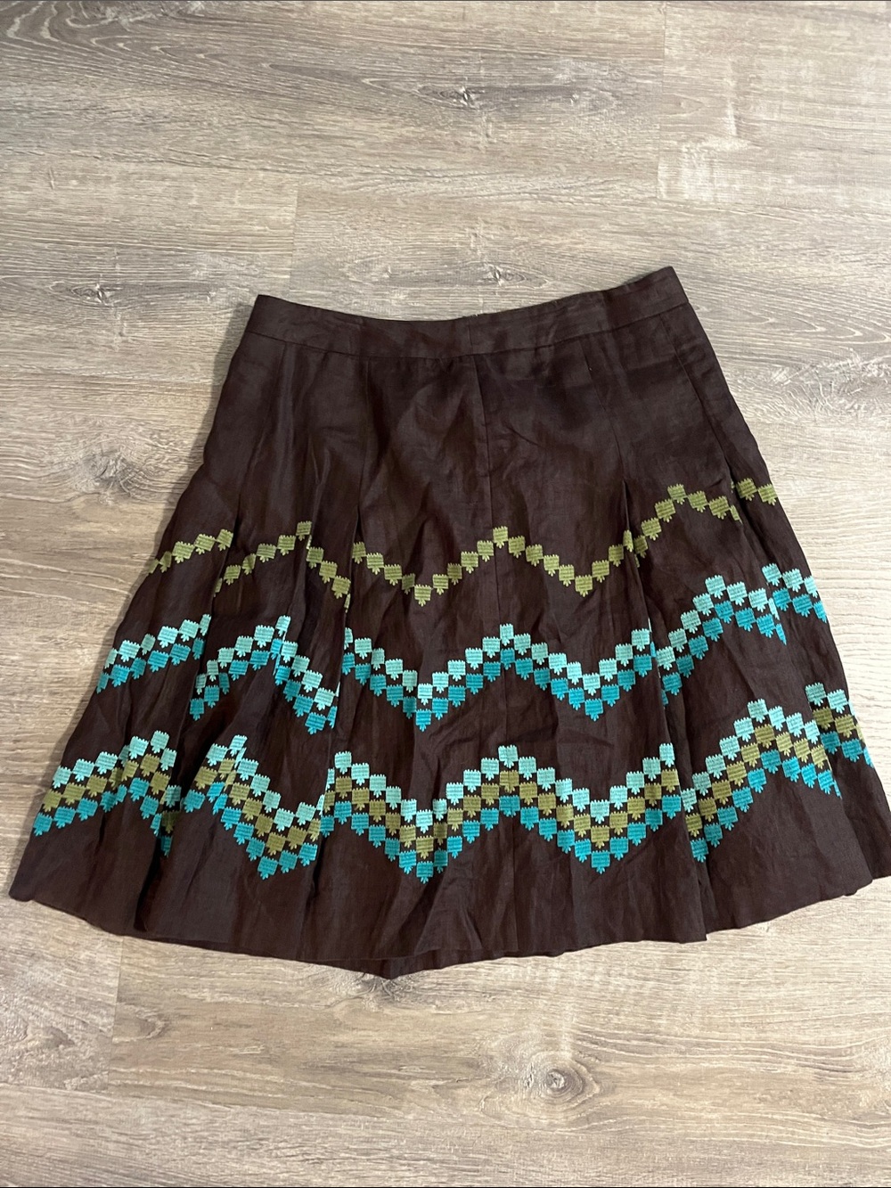 LOFT Brown Skater Skirt with Teal & Olive Chevron Embroidery